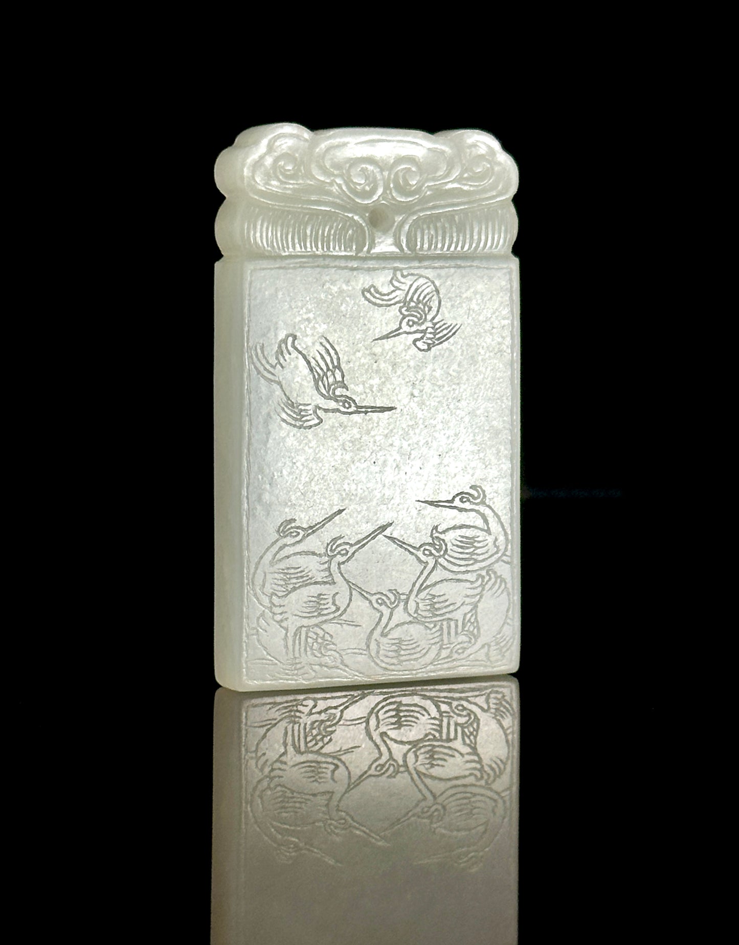 SOLD Antique Chinese Hand Carved nine Cranes & Poem White Jade Plaque 5.4x3.1x0.7cm