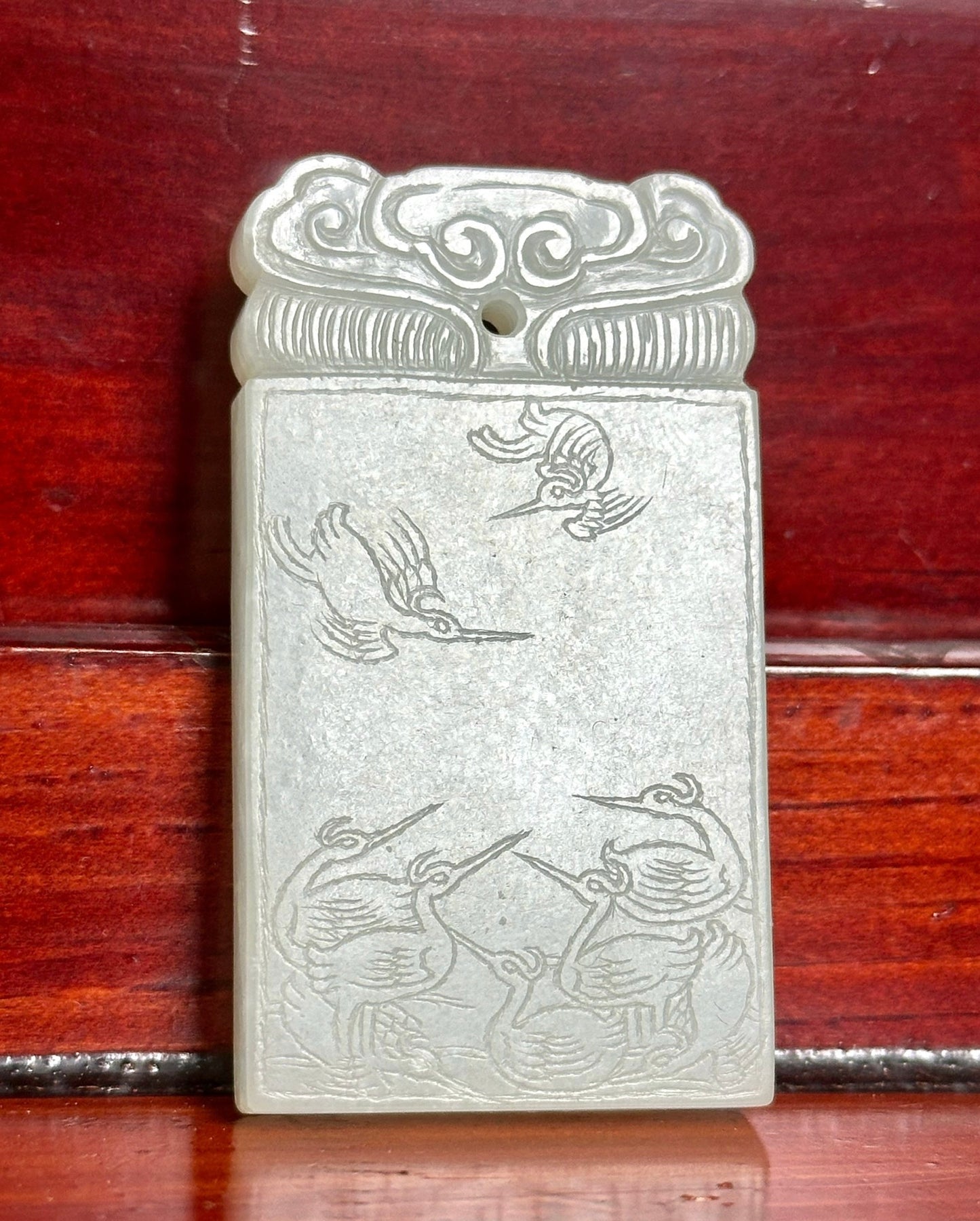 SOLD Antique Chinese Hand Carved nine Cranes & Poem White Jade Plaque 5.4x3.1x0.7cm